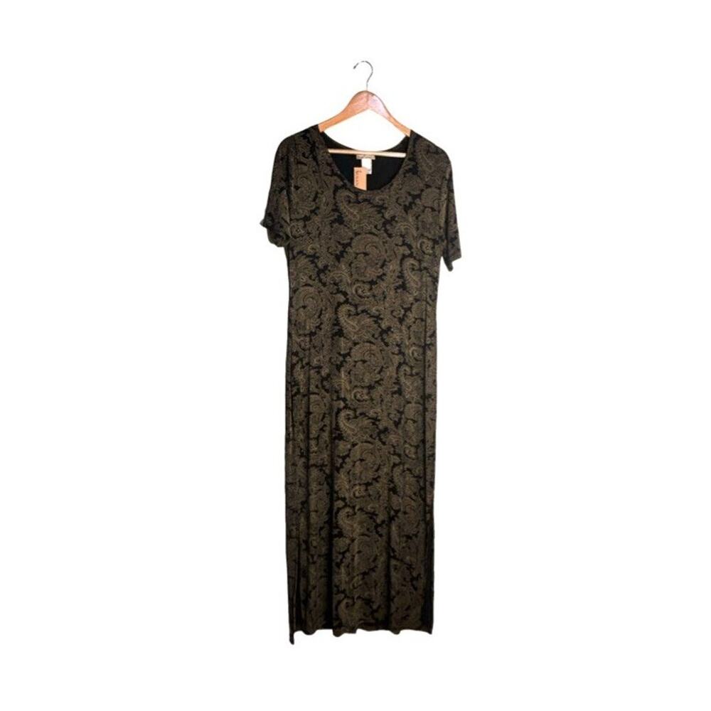Susan Lawrence Maxi Dress Paisley Size Large Vintage Black Gold Short Sleeve NWT